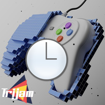 A game controller with pixelised shell, a 3 hour clock and trijam logo.