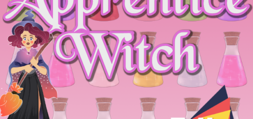 A nervous witch holding a broom on a background of multicoloured potion bottles with the TriJam logo and the words Apprentice Witch.